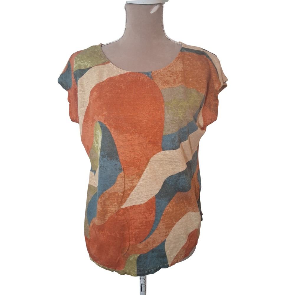 Rachel Zoe Women Large 100% Linen Abstract Swirl Print Cap Sleeve Top Orange